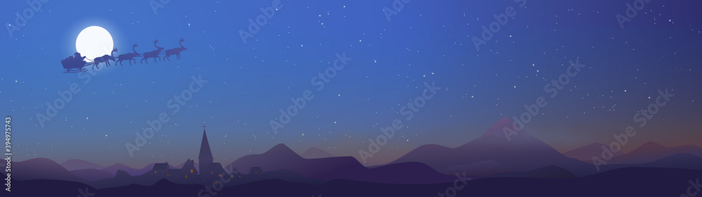 Night landscape of Santa Claus passing over a village in a starry sky (panoramic)