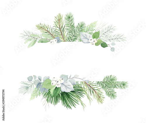 Christmas watercolor card with fir branches  berries  leaves and place for text. Winter holiday illustration for greeting or invitation cards isolated on white background.