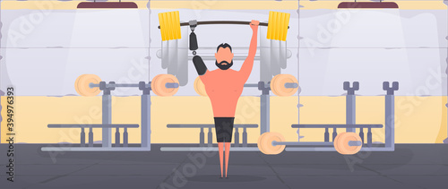 A man with a prosthetic hand raises a barbell. A disabled person is engaged in a sports hall. The concept of human recovery through robotization. Vector.