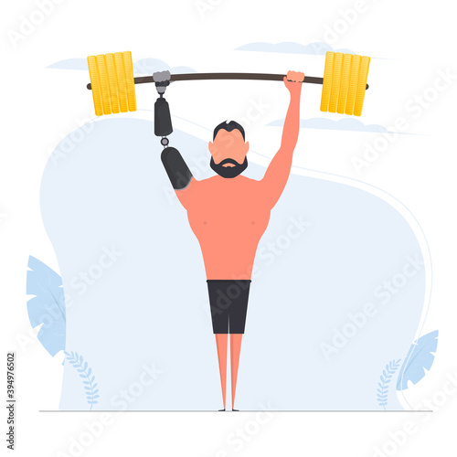A man with a prosthetic hand lifts the barbell. Vector.