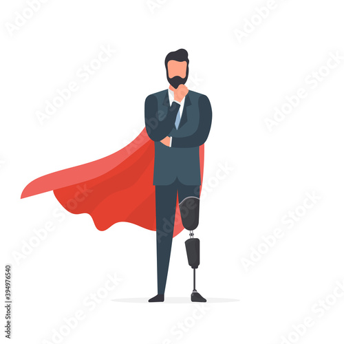 A man with a prosthetic leg in a business suit and a red cloak. Guy with a leg implant. The concept of human recovery through robotization. Vector.