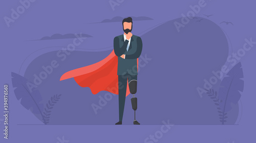 A man with a prosthetic leg in a business suit and a red cloak. Guy with a leg implant. The concept of human recovery through robotization. Vector.