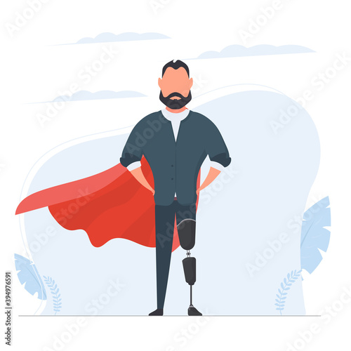 A man with a prosthetic leg in a business suit and a red cloak. Guy with a leg implant. The concept of human recovery through robotization. Vector.