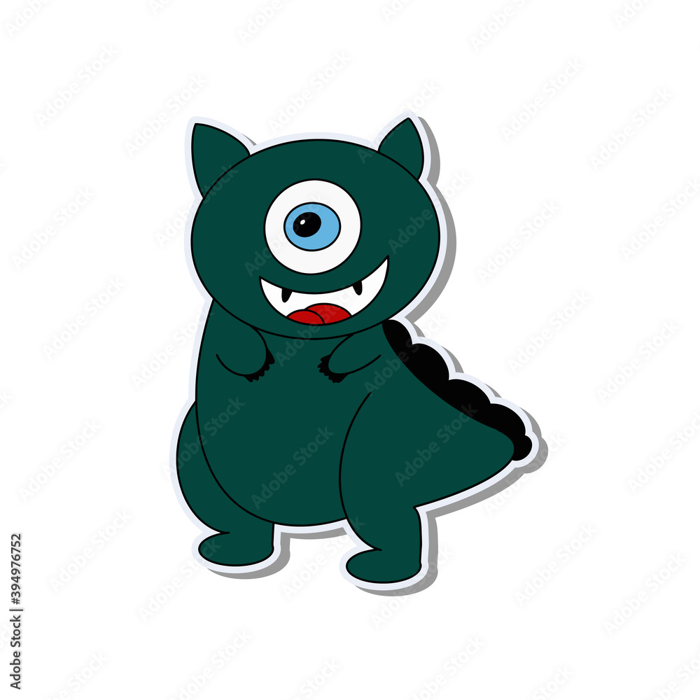 Funny sticker one-eyed dinosaur. Dinosaur in a flat style. Good for postcards, children's books and stickers. Vector. Funny sticker one-eyed dinosaur. Dinosaur in a flat style. Good for postcards, children's books and stickers. Vector.
