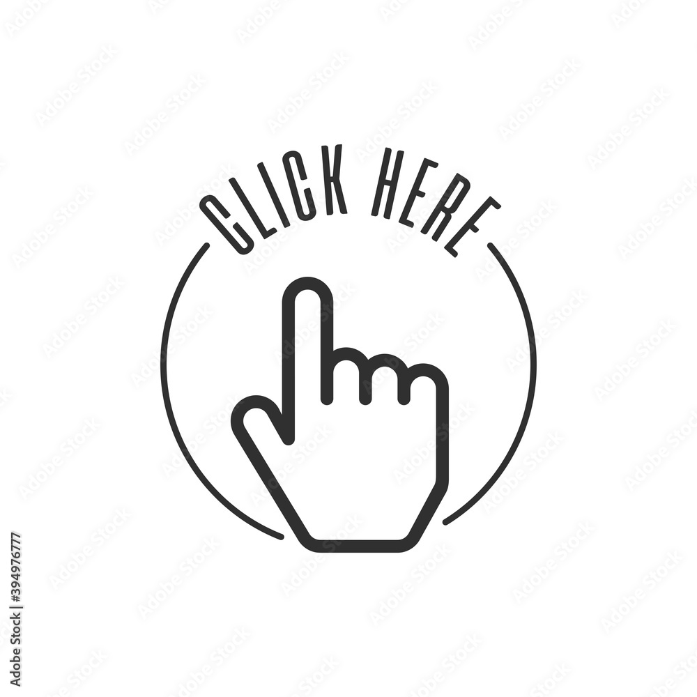 Click here the button. Hand sign with touching a buttons or pointing finger. Hands cursor icon. Vector illustration in flat style. EPS 10. Click here the button. Hand sign with touching a buttons or pointing finger. Hands cursor icon. Vector illustration in flat style. EPS 10.
