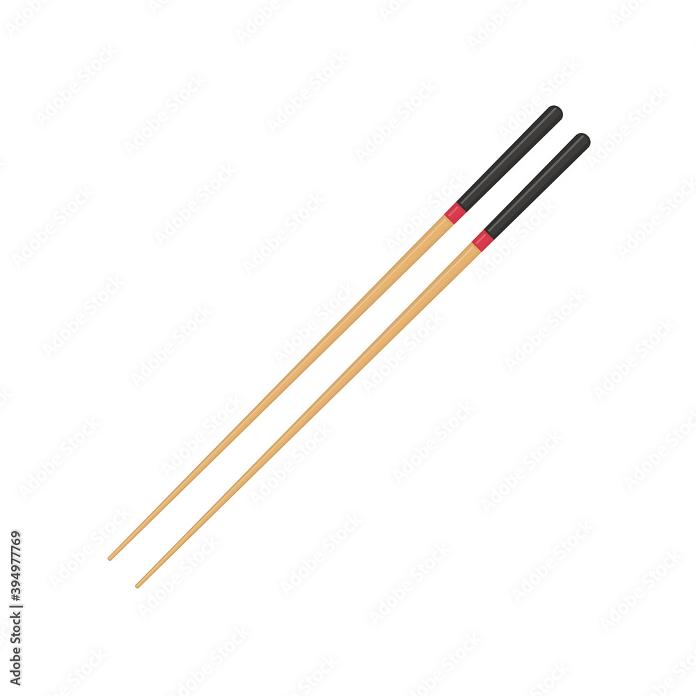 Chopsticks for chinese sushi, japan hashi. Pair wooden chopsticks isolated on white background. Wooden chopstick icon in flat style. Japanese, asian cuisine in restaurant. Vector illustration ESP 10.