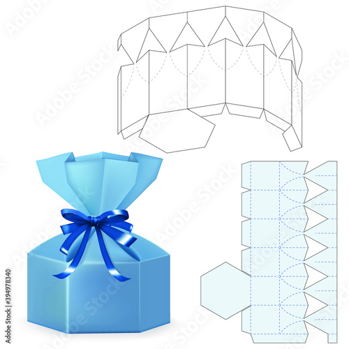  Blueprint template with mock up. Retail simple packaging box with 3D preview.  Multiple purpose Cardboard Die Cut. Graphic design drawn in vector image isolated on transparent background
