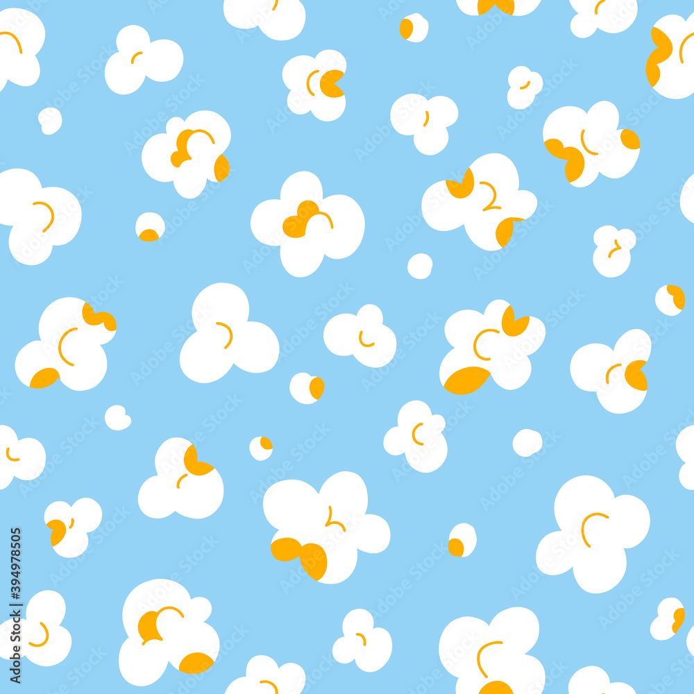 Popcorn flakes on light blue background, vector pattern