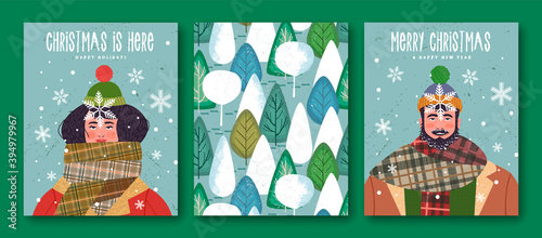Merry Christmas New Year winter scarf people cards