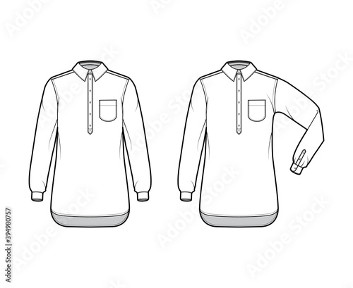 Set of Shirt pullover technical fashion illustration with rounded pocket, elbow fold long sleeve, oversized, half placket button down. Flat template front, white color. Women men unisex top CAD mockup