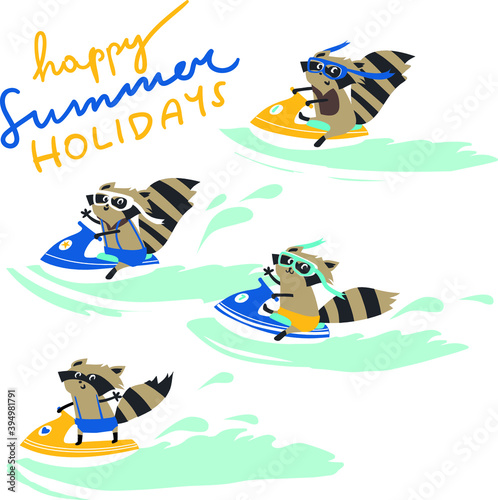collection isolated funny cartoon raccoon on ski with HAPPY SUMMER HOLIDAY lettering for greeting cards, paperwork, kids fashion, home decoration © MW Studio