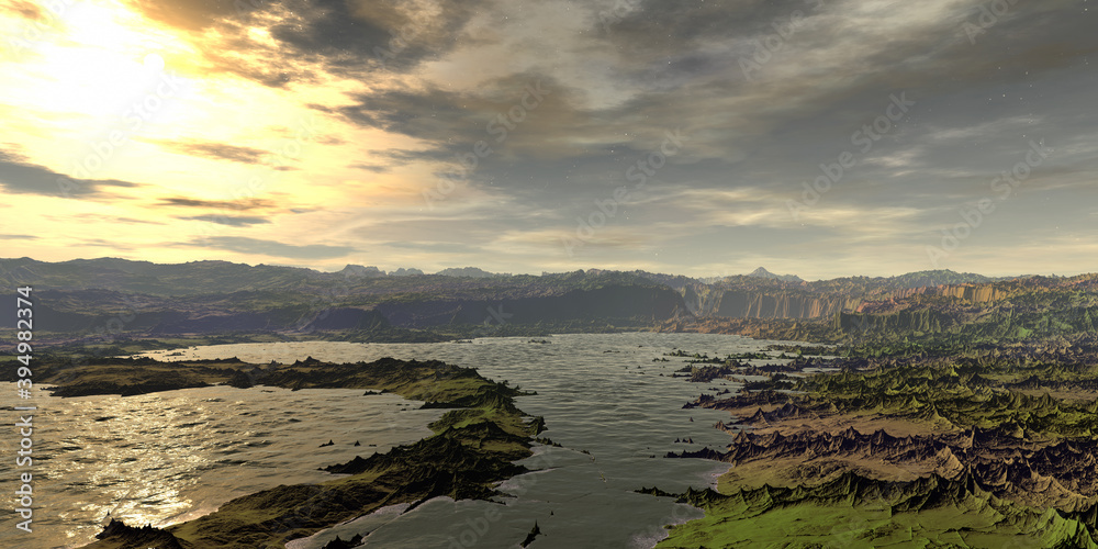 Alien Planet. Mountain and lake. 3D rendering Alien Planet. Mountain and lake. 3D rendering