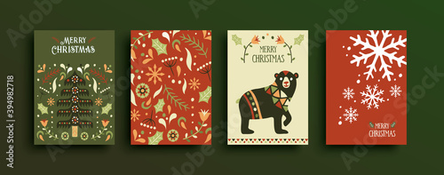 Merry Christmas new year retro folk bear card set