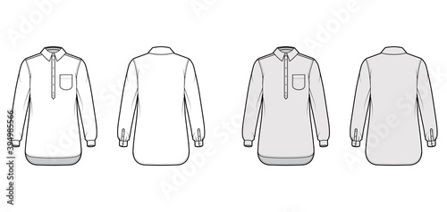 Shirt pullover technical fashion illustration with rounded pocket, long sleeves, relax fit, half placket button down, regular collar. Flat template front, back white, grey color. Women men CAD mockup