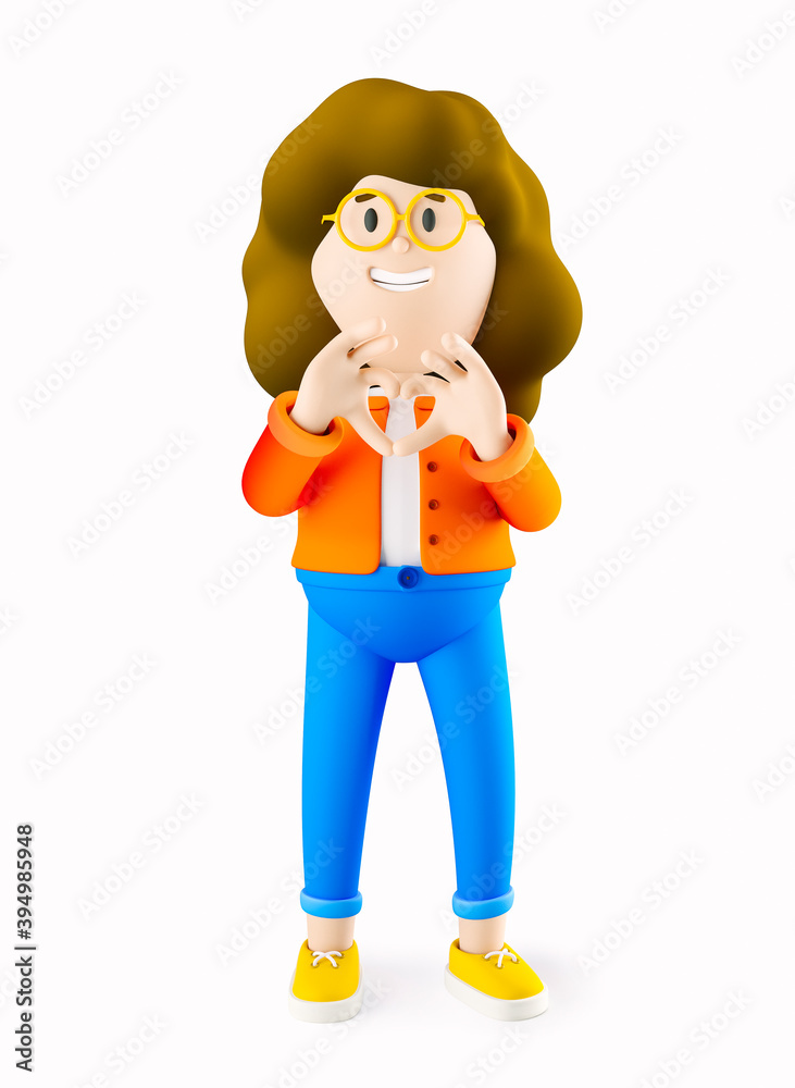 Girl Susie shows heart sign with fingers. 3d rendering. 3d illustration. 3d character Girl Susie shows heart sign with fingers. 3d rendering. 3d illustration. 3d character