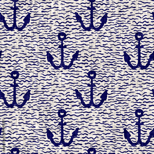 Nautical navy blue anchor on cream linen texture background. Summer coastal living style home decor tile. Maritime wave cloth material. Modern mariner natural textile seamless pattern.
 photo