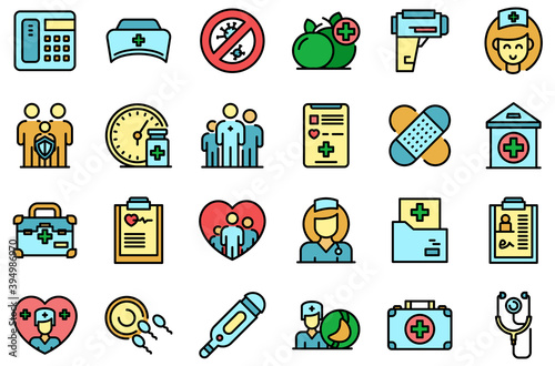 Family doctor icons set. Outline set of family doctor vector icons thin line color flat on white