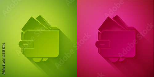Paper cut Wallet with stacks paper money cash icon isolated on green and pink background. Purse icon. Cash savings symbol. Paper art style. Vector.