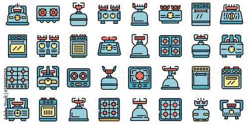 Burning gas stove icons set. Outline set of burning gas stove vector icons thin line color flat on white