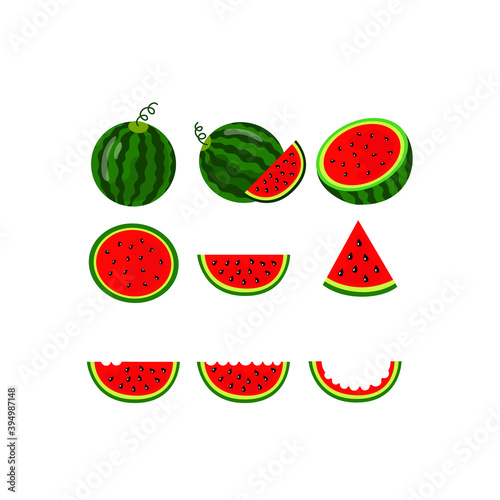 Fototapeta Naklejka Na Ścianę i Meble -  Juicy ripe watermelons, watermelon slices. Vector illustration.