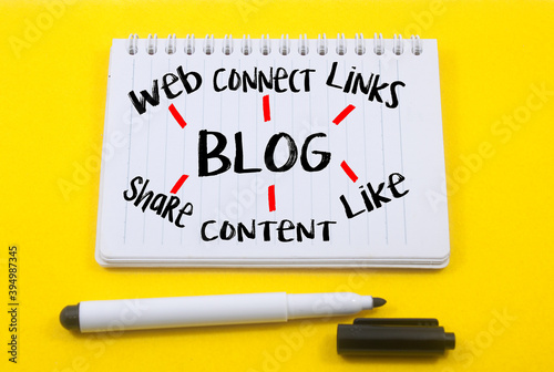 Marker pen,notebook written blog and 
 all about blog over yellow background