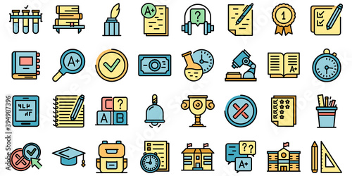School test icons set. Outline set of school test vector icons thin line color flat on white