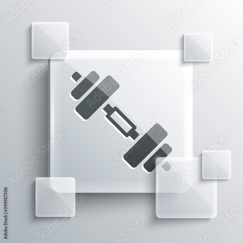 Grey Dumbbell icon isolated on grey background. Muscle lifting icon, fitness barbell, gym, sports equipment, exercise bumbbell. Square glass panels. Vector.