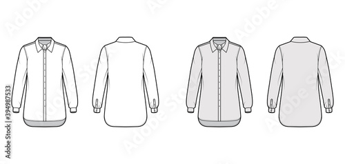 Shirt ascot stripe technical fashion illustration with bow, long sleeves with cuff, oversized, button-down, regular collar. Flat template front, back white, grey color. Women men unisex top CAD mockup