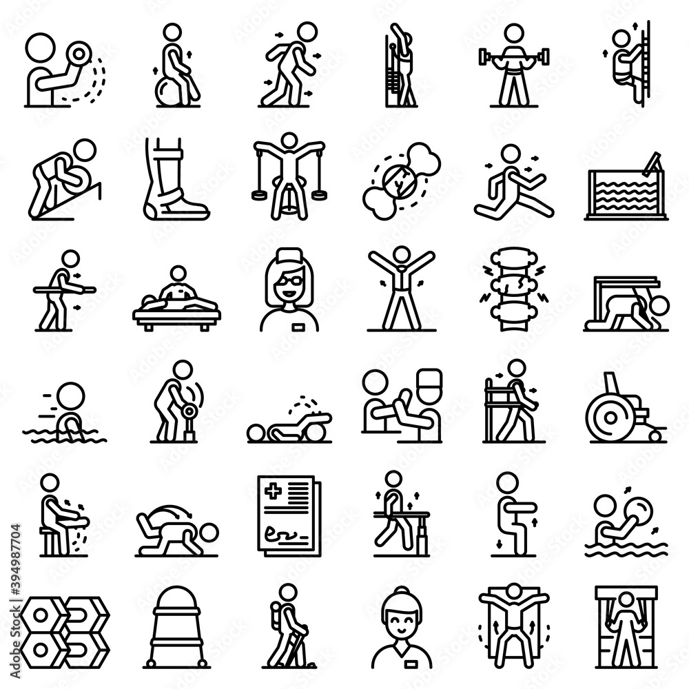 Physical therapist icons set. Outline set of physical therapist vector icons for web design isolated on white background Physical therapist icons set. Outline set of physical therapist vector icons for web design isolated on white background