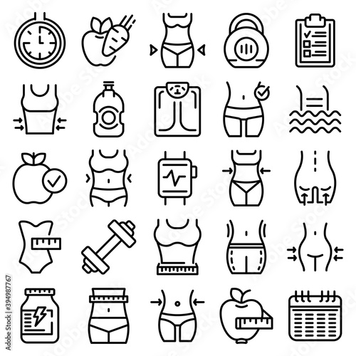 Slimming icons set. Outline set of slimming vector icons for web design isolated on white background