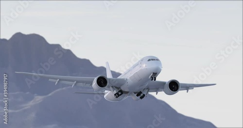 Commercial Jet Plane takes off. Landing gear down 3D render
