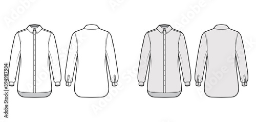 Classic shirt technical fashion illustration with long sleeves  relax fit  front button-fastening  regular collar. Flat apparel template front  back white  grey color. Women men unisex top CAD mockup