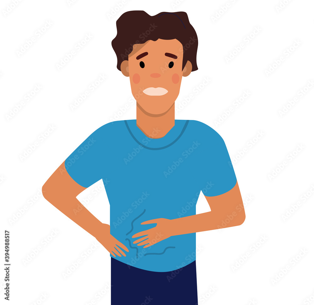 Man suffering from abdominal bloating.A swollen state caused by retention of gas.Boy has Stomach Ache or gastritis.Constipation or diarrhea.Poor digestion or Intestinal poisoning.Vector in flat style Man suffering from abdominal bloating.A swollen state caused by retention of gas.Boy has Stomach Ache or gastritis.Constipation or diarrhea.Poor digestion or Intestinal poisoning.Vector in flat style