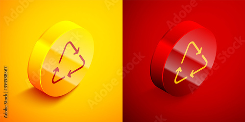 Isometric Recycle symbol icon isolated on orange and red background. Circular arrow icon. Environment recyclable go green. Circle button. Vector.