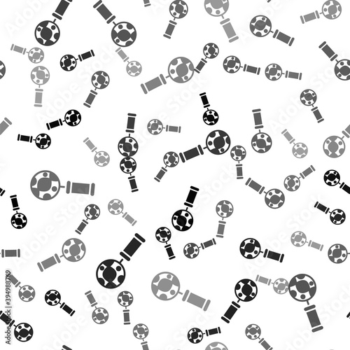 Black DNA research, search icon isolated seamless pattern on white background. Magnifying glass and dna chain. Genetic engineering, cloning, paternity testing. Vector.