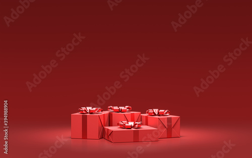 group of red gift boxes for christmas on the ground in solid monochrome red color room, 3d rendering © markOfshell