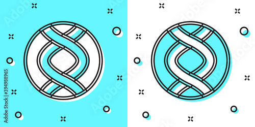 Black line DNA symbol icon isolated on green and white background. Genetic engineering, genetics testing, cloning, paternity testing. Random dynamic shapes. Vector.