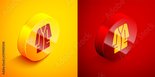 Isometric Bathrobe icon isolated on orange and red background. Circle button. Vector.