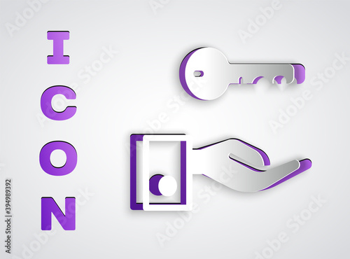 Paper cut Hotel door lock key icon isolated on grey background. Paper art style. Vector.