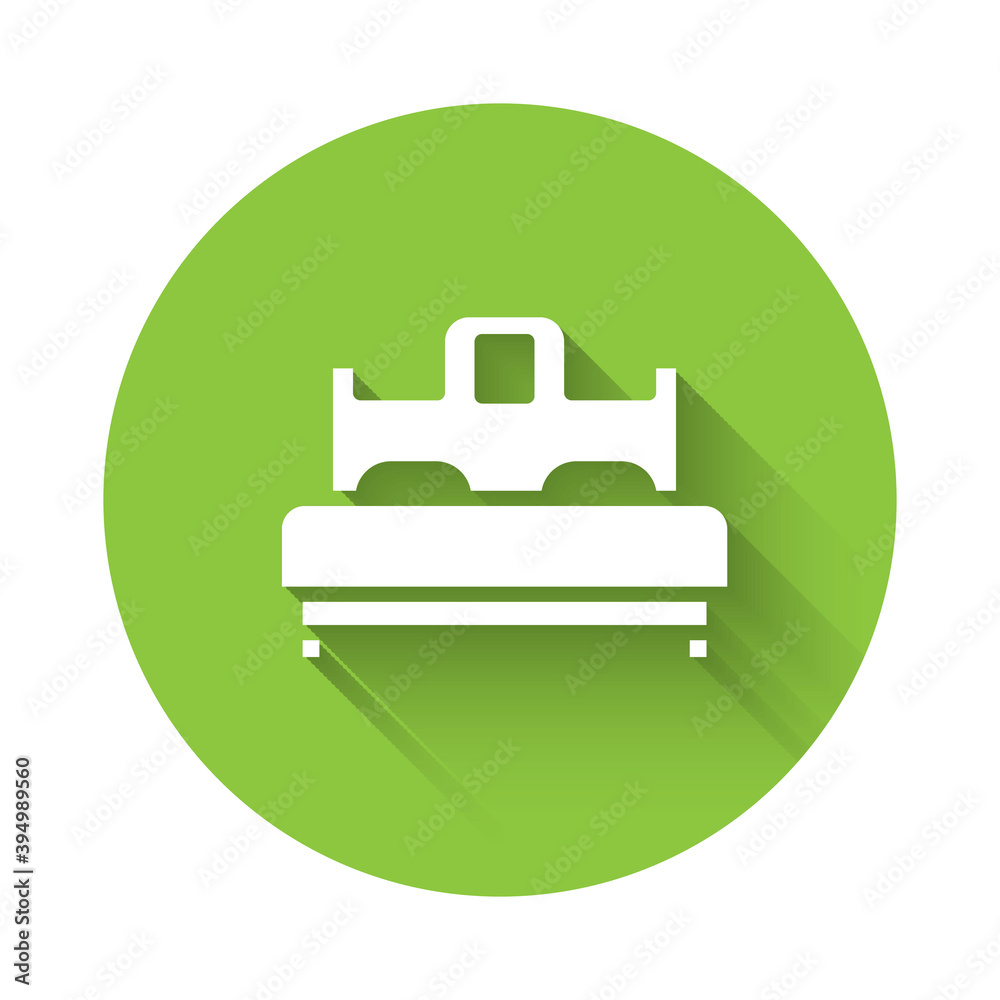White Bedroom icon isolated with long shadow. Wedding, love, marriage symbol. Bedroom creative icon from honeymoon collection. Green circle button. Vector. White Bedroom icon isolated with long shadow. Wedding, love, marriage symbol. Bedroom creative icon from honeymoon collection. Green circle button. Vector.