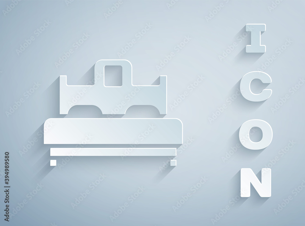 Paper cut Bedroom icon isolated on grey background. Wedding, love, marriage symbol. Bedroom creative icon from honeymoon collection. Paper art style. Vector. Paper cut Bedroom icon isolated on grey background. Wedding, love, marriage symbol. Bedroom creative icon from honeymoon collection. Paper art style. Vector.