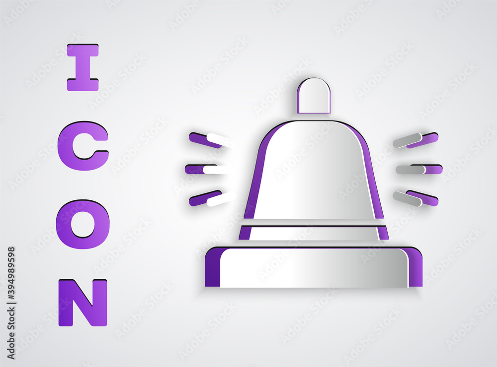 Paper cut Hotel service bell icon isolated on grey background. Reception bell. Paper art style. Vector. Paper cut Hotel service bell icon isolated on grey background. Reception bell. Paper art style. Vector.