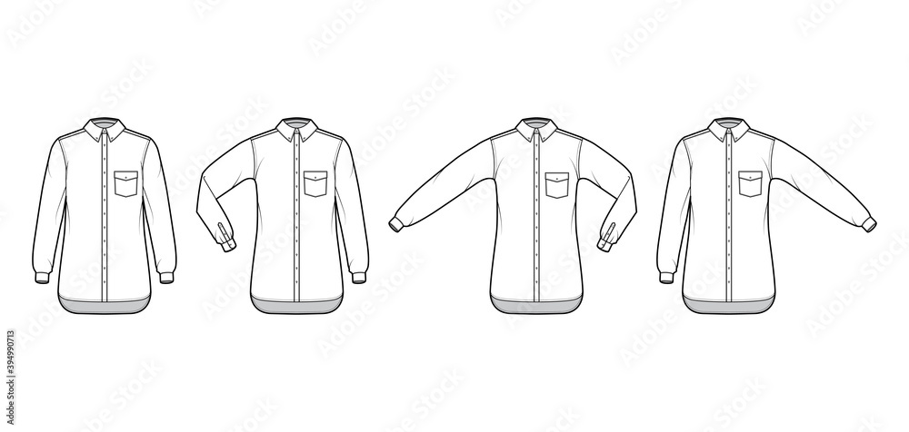 Set of Shirt button-down technical fashion illustration with angled pocket, elbow fold, straight long sleeves, oversized, regular collar. Flat template front, white color. Women men unisex top mockup