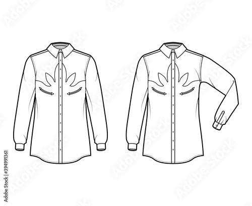 Set of Shirt western technical fashion illustration with elbow fold long sleeves, reinforced pockets, relax fit, yokes, button-down, collar. Flat template front white color. Women men top CAD mockup