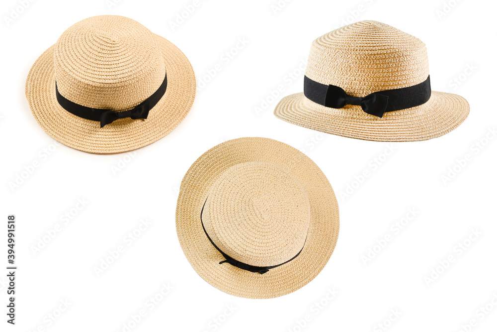 Straw hat with black bow isolated on white background.