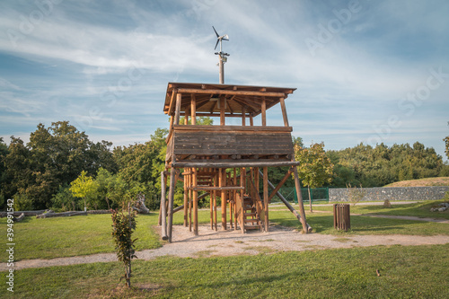 Observation deck lookout tower in Cerhenice town near Pecky, Czech republic. Garden playground house tower. photo