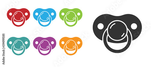 Black Baby dummy pacifier icon isolated on white background. Toy of a child. Set icons colorful. Vector.