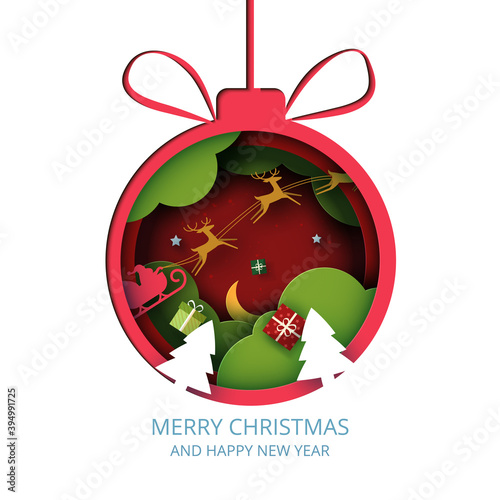 Merry Christmas and winter season on red background.Red christmas ball decorated with gift box and santa claus in sleigh.