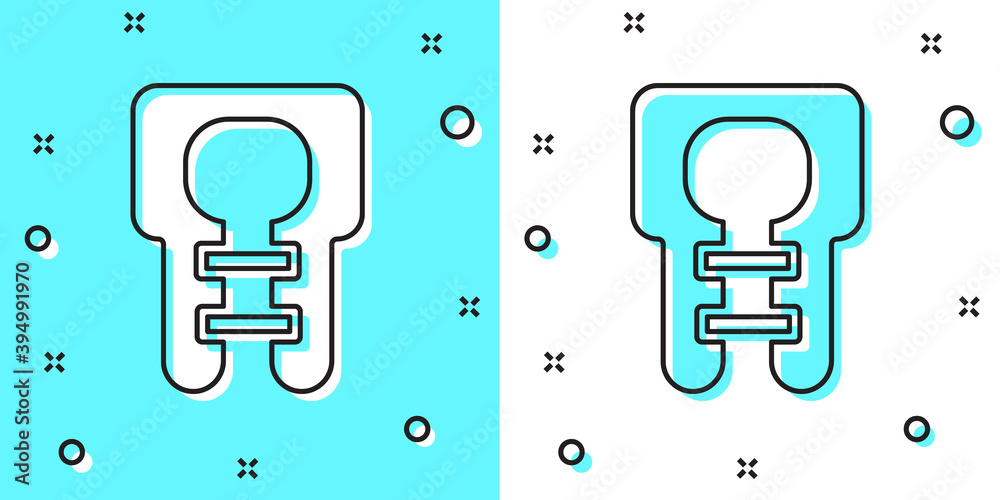 Black line Life jacket icon isolated on green and white background. Life vest icon. Extreme sport. Sport equipment. Random dynamic shapes. Vector. Black line Life jacket icon isolated on green and white background. Life vest icon. Extreme sport. Sport equipment. Random dynamic shapes. Vector.