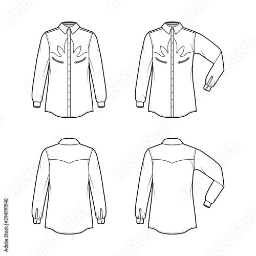 Set of Shirt western technical fashion illustration with elbow fold long sleeves, reinforced pockets, relax fit, yokes, button-down, collar. Flat template front, back white color. Women men top mockup